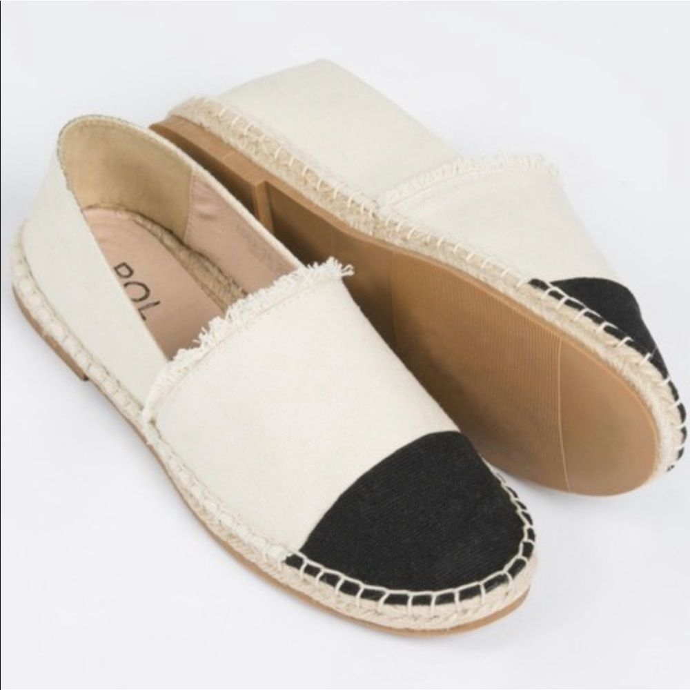 POL Two-Tone Espadrille Flats in Cream and Black